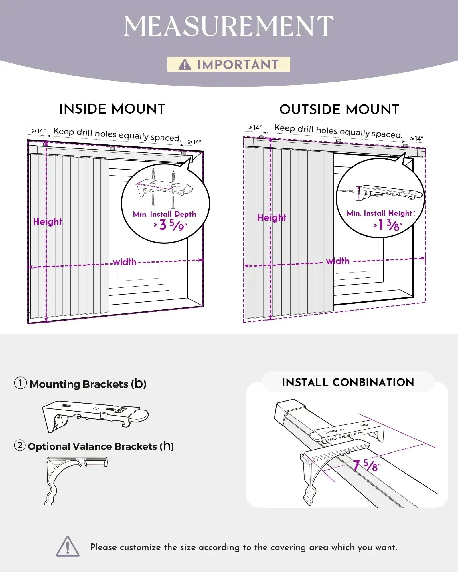 Measurement guide for inside and outside mount installations with brackets and valance brackets.