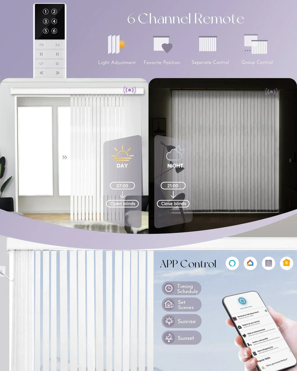 Smart window blind system with remote control, tablet, and smartphone app on a light purple background.