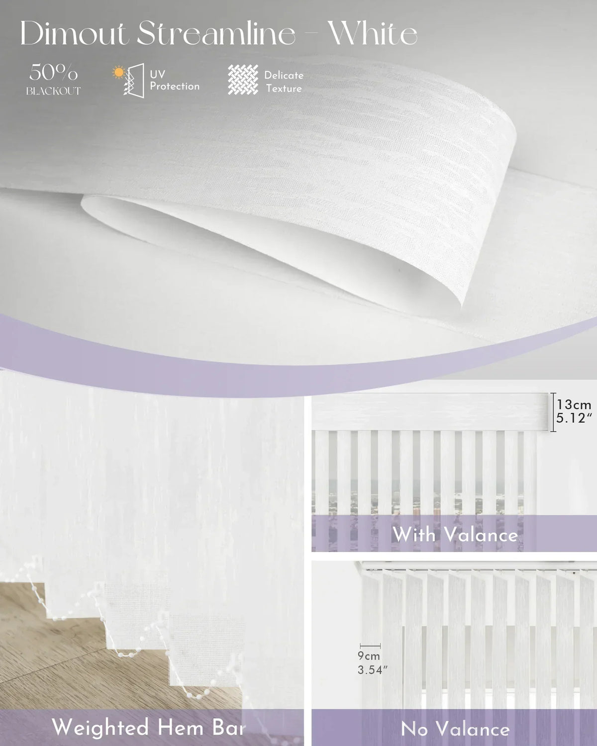 Ceiling light fixture with white shade and purple band, featuring text on product features.