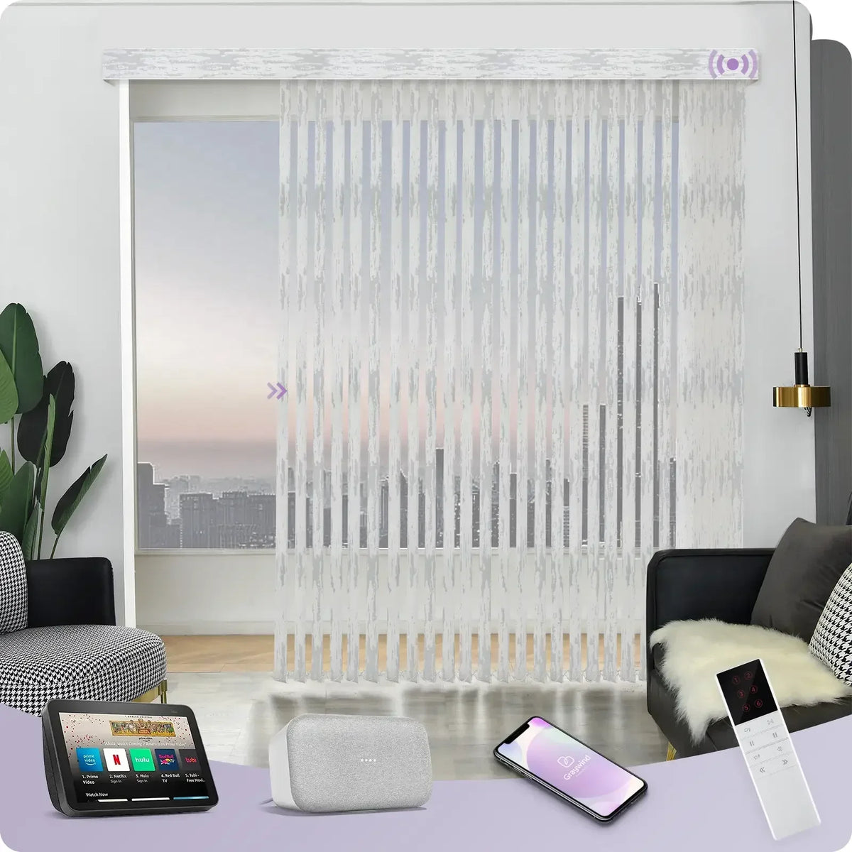 Smart home control panel with smartphone, remote, and speakers in a modern living room setting.