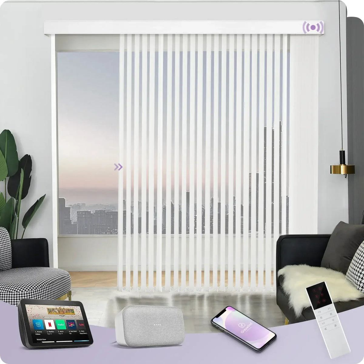 Smart window blind system with control devices on a table in a living room setting.