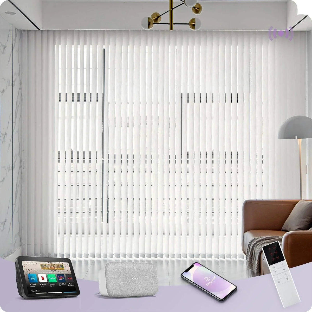 Smart home control panel with smartphone, remote controls, and speakers on a table in a modern room.