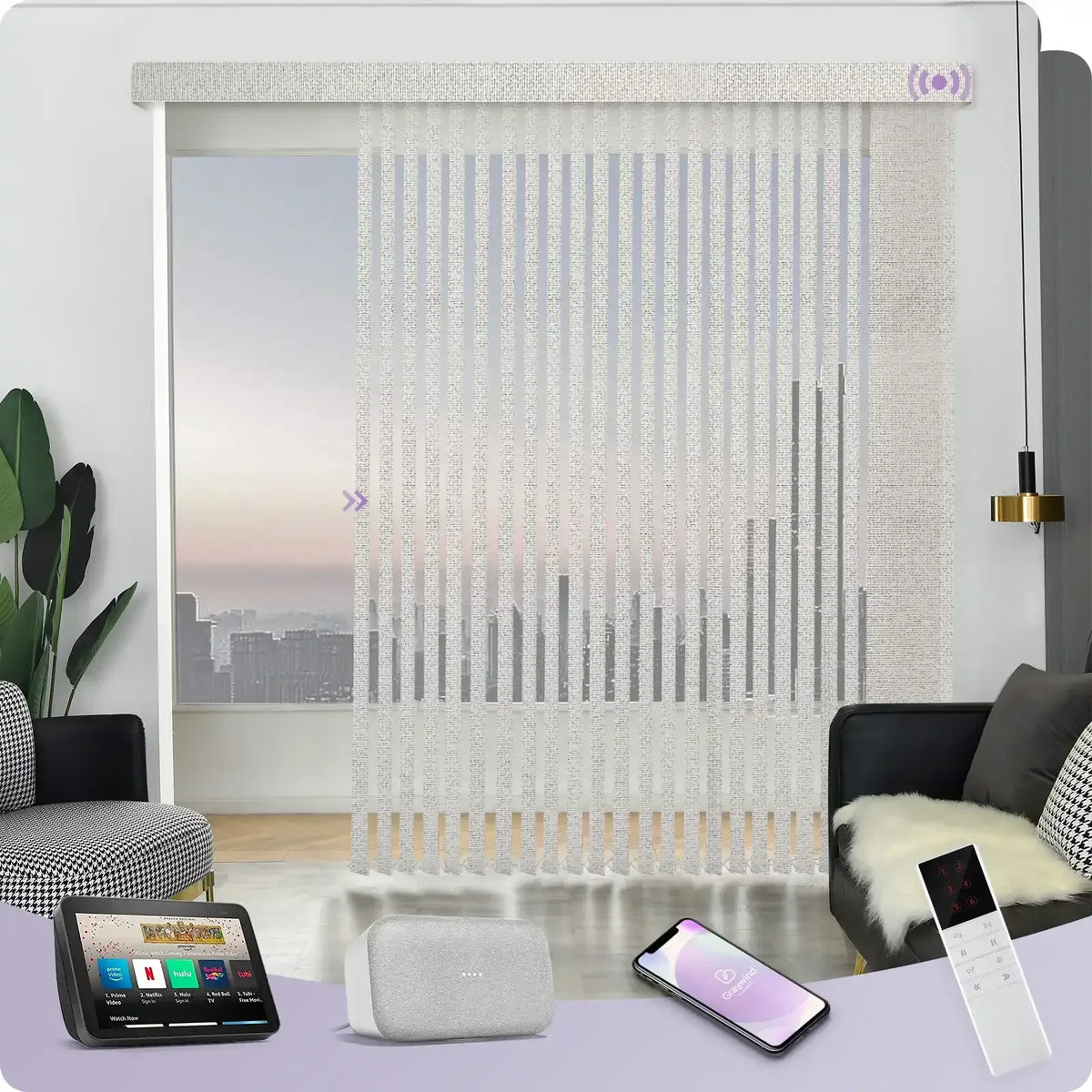 Smart roller shade with control devices on a table in a modern living room setting.