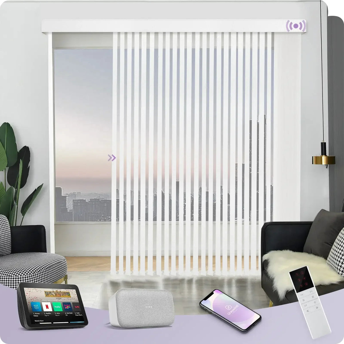 Smart window blind system with control devices on a table in a living room setting.