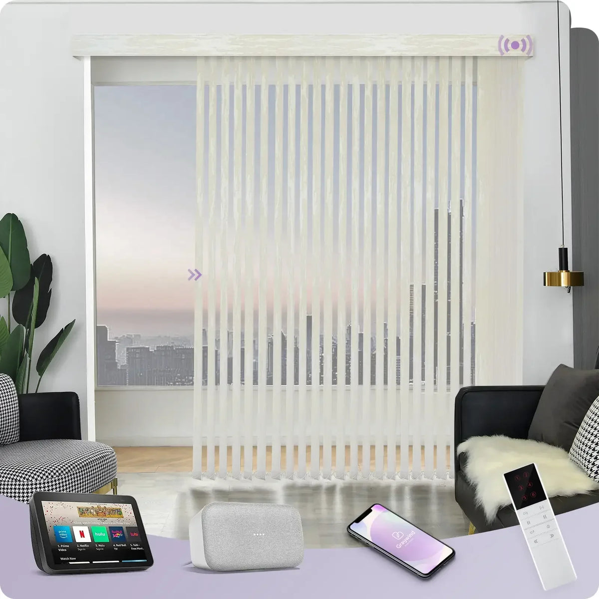 Smart home control system with multiple devices in a living room setting.