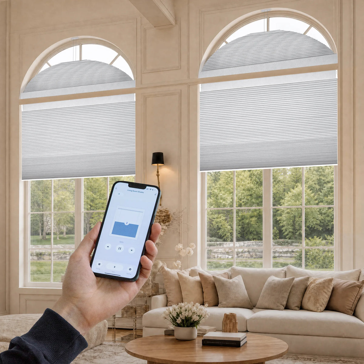 Smart arch shades is Ideal for Hard-to-Reach Windows.Motorized operation makes hard-to-reach and uniquely shaped windows easier to control, with built-in Zigbee connectivity for smoother smart-home integration.