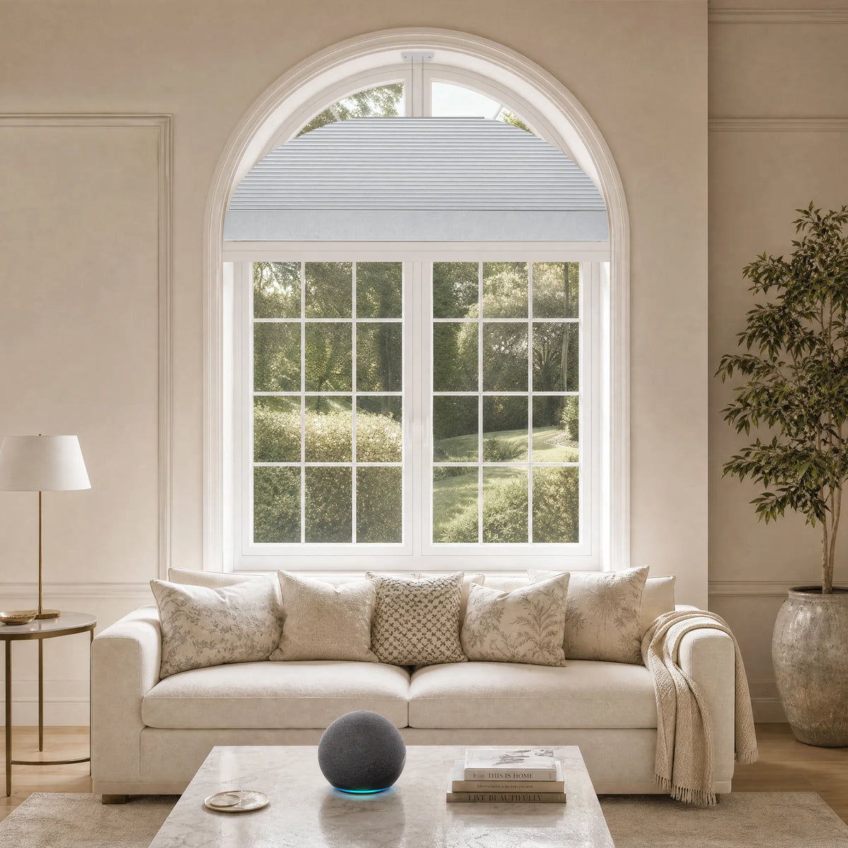 A contemporary living room with a half cycle window.