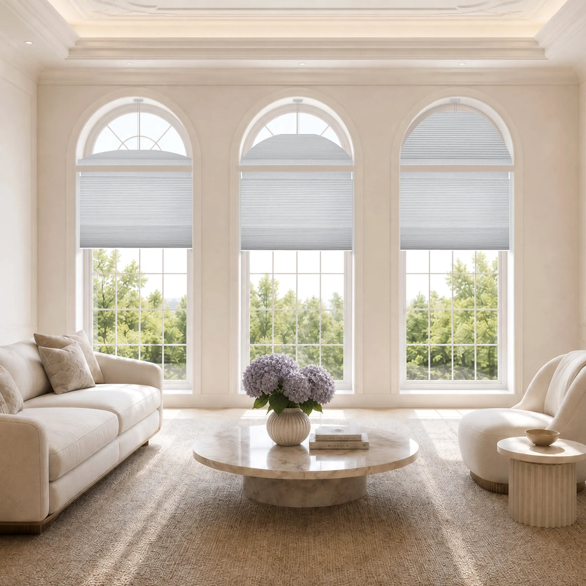 a big modern living room with smart arch shades