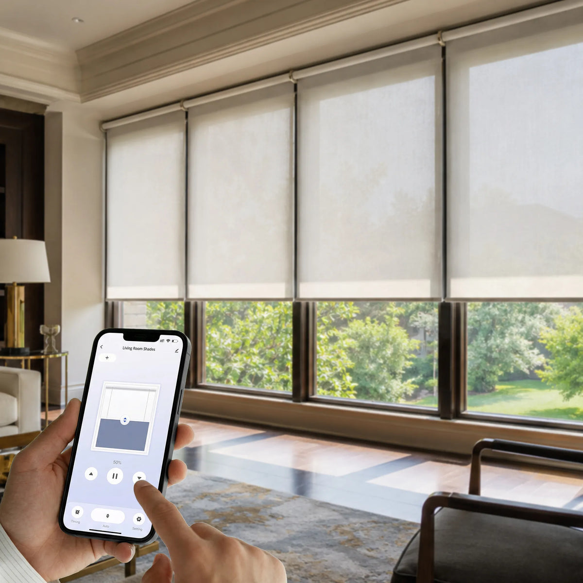 Control all connected shades together via remote, app, or voice for seamless daily operation.