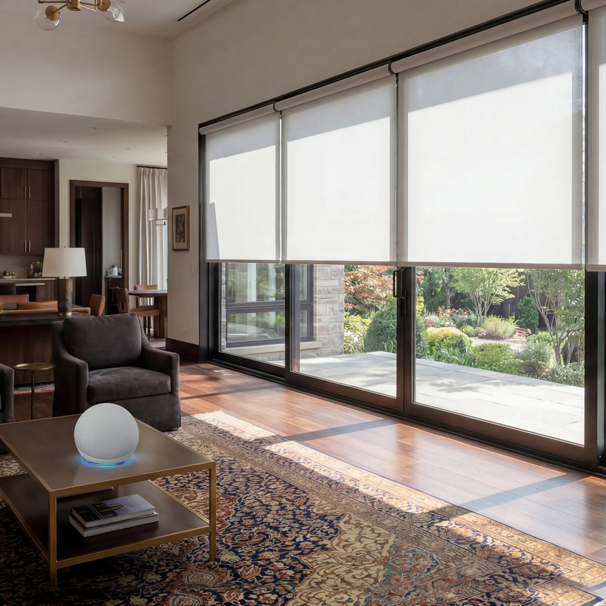 Coupled shades create a more symmetrical look across wide windows and sliding doors.