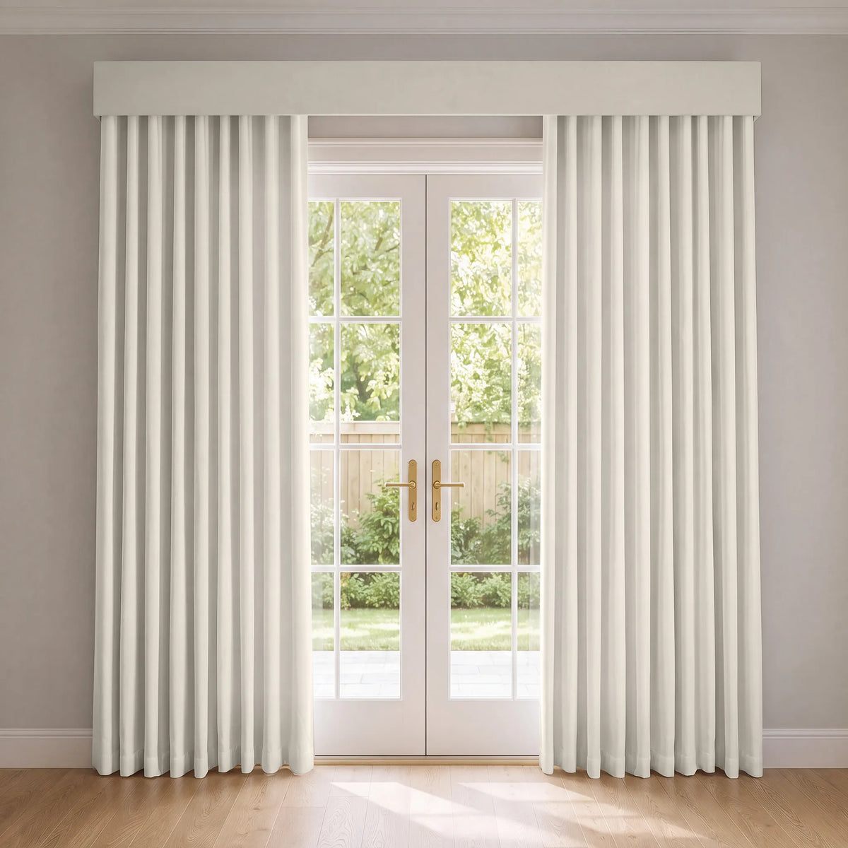 A pair of floor-length white pleated curtains hanging on a window with French doors, set in a bright room with light gray walls and a wooden floor.