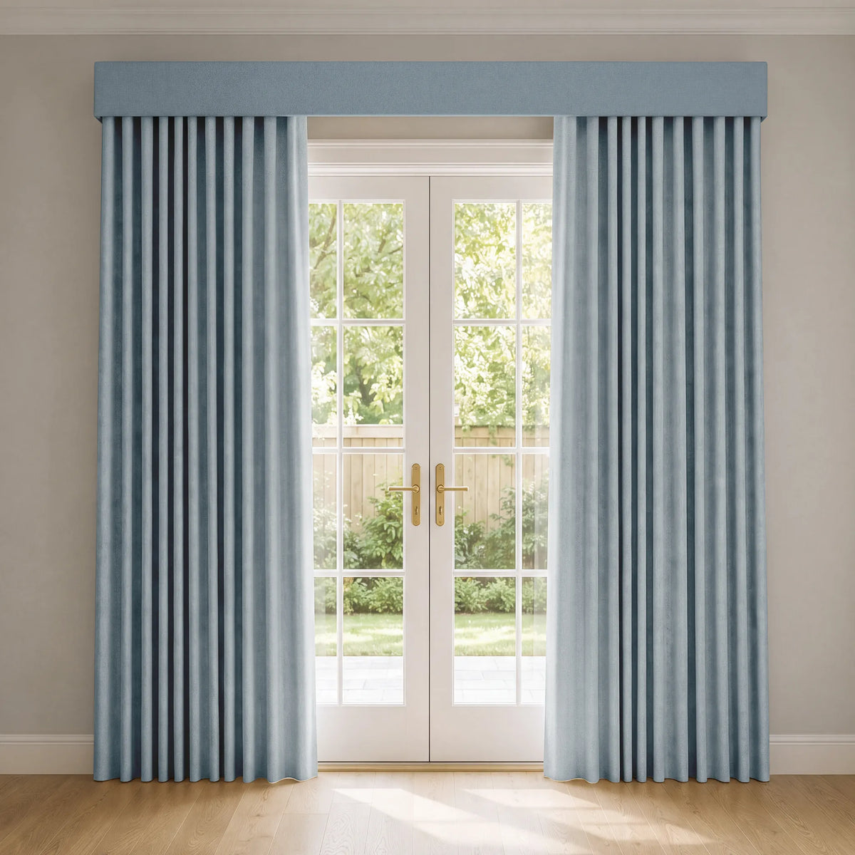 Light blue pleated curtains with a matching valance hanging on a double glass patio door in a bright room with light wood floors.