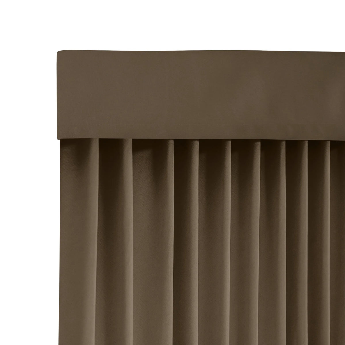 Close-up of a brown pleated curtain panel with a matching valance header, shown against a plain white background.