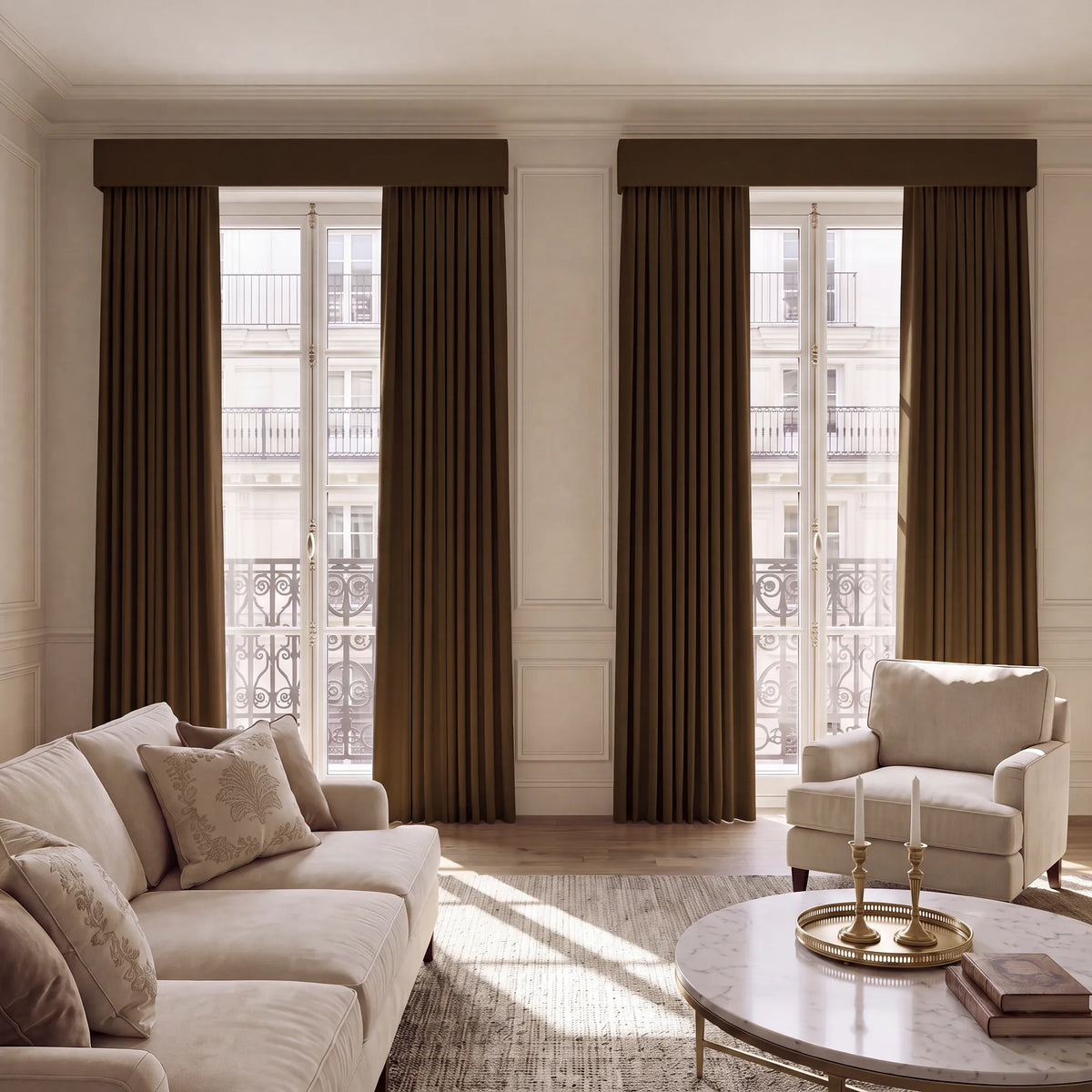 A styled living room featuring two tall window treatments with matching brown valances and floor-length drapes, set in a bright room with a cream sofa, armchair, and marble coffee table.