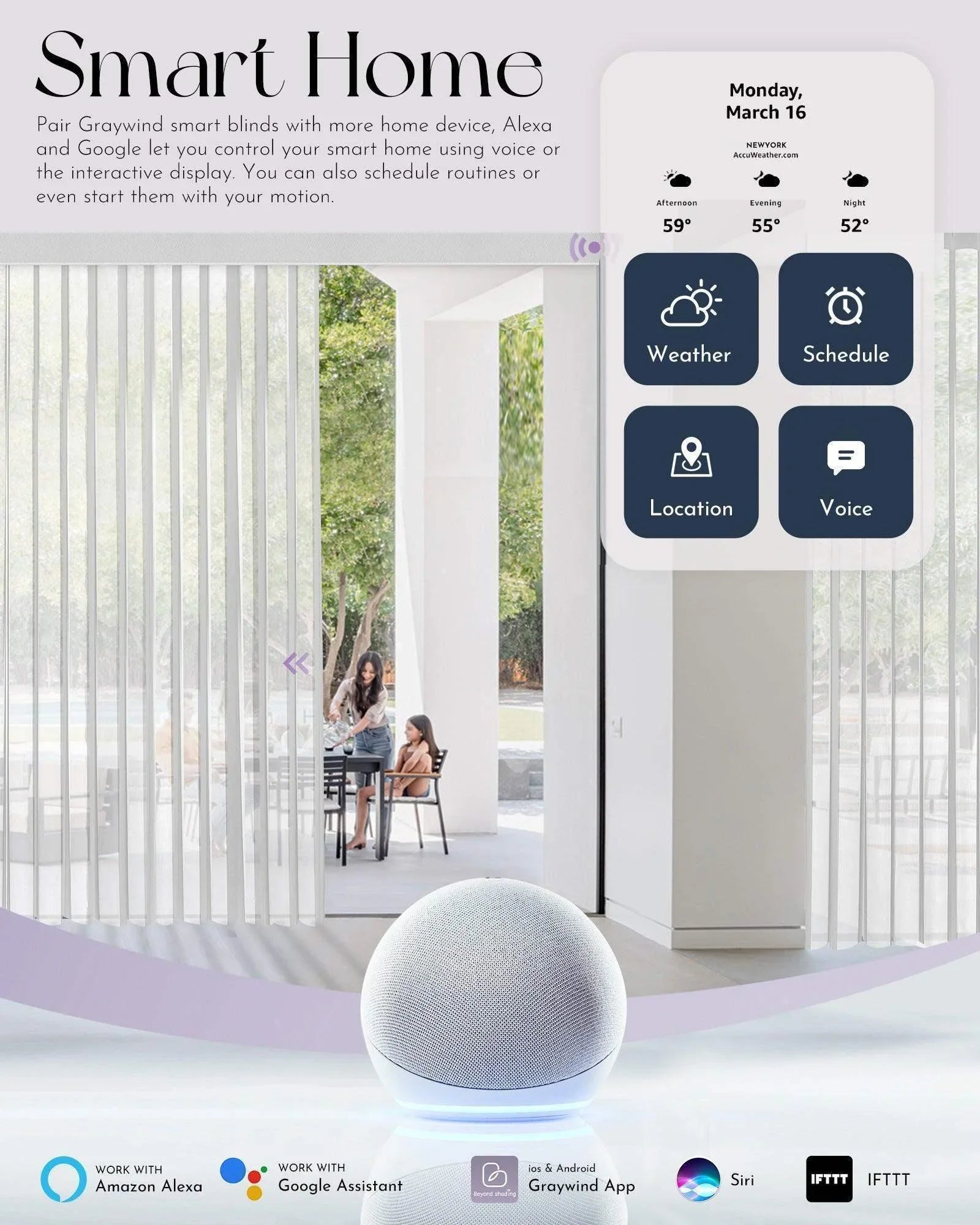 Smart home device with interactive display and control options, featuring a modern interior setting.
