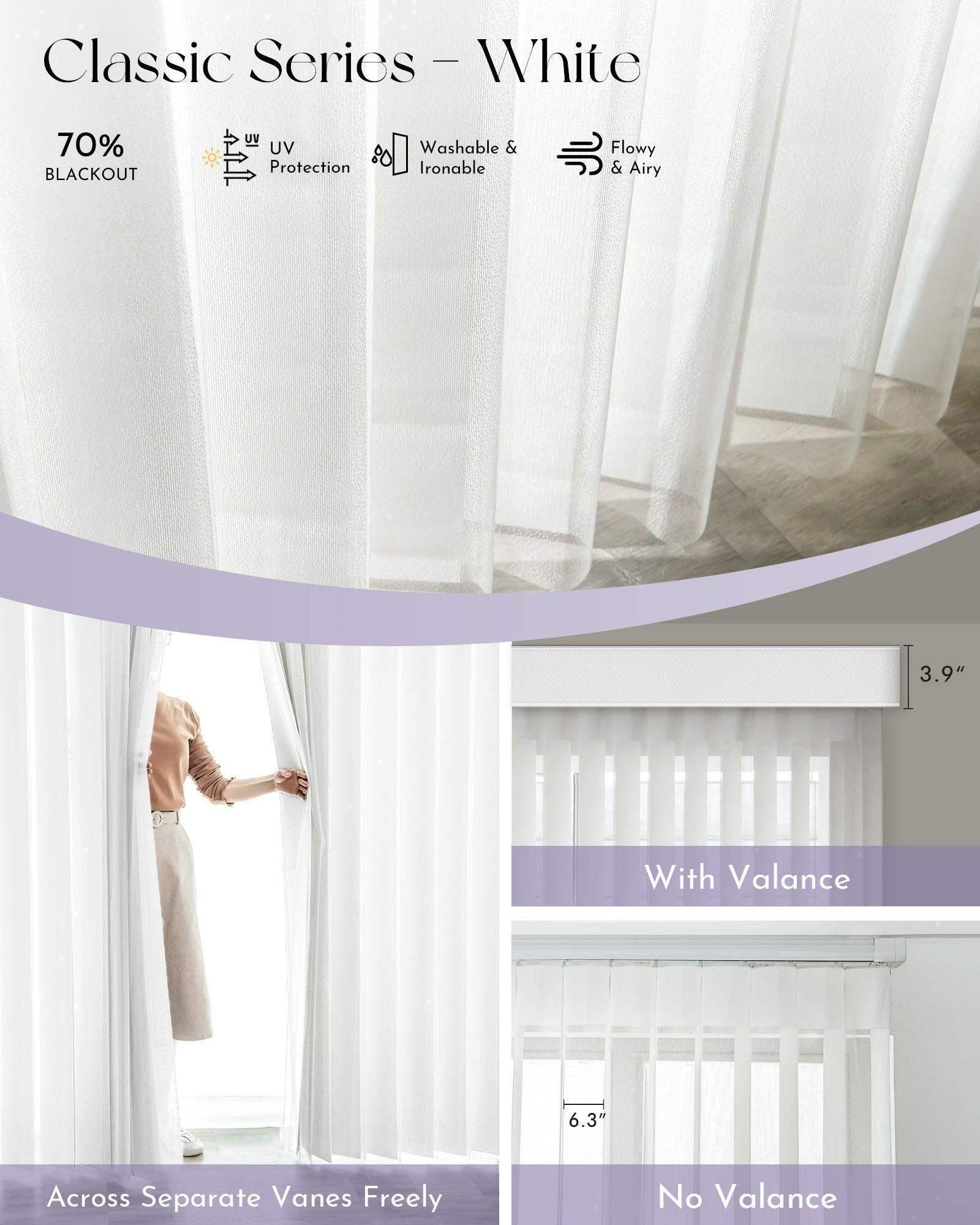 White curtains with a valance on a window, featuring text about curtain features.