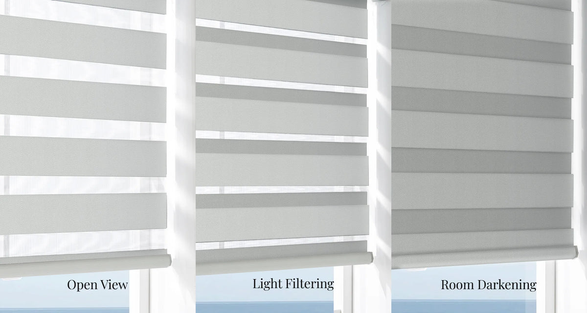 Three horizontal zebra blinds window treatments shown side by side with labels reading 'Open View,' 'Light Filtering,' and 'Room Darkening,' against a bright window background.