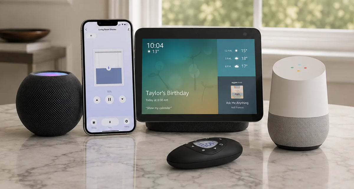A smart home device setup on a marble countertop in a kitchen setting, featuring a black spherical speaker, a smartphone with a music player app, a large smart display panel showing weather and calendar content, a black remote control, and a white and gray Google Home smart speaker.