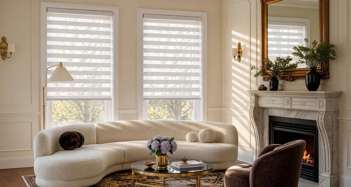 A styled living room featuring two white zebra shade with horizontal slats, set in a warm, elegant interior with a cream curved sofa, a fireplace, and a mirror.