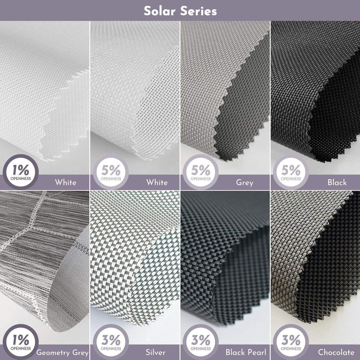 Solar Series window shade fabric samples in various colors and openness levels.