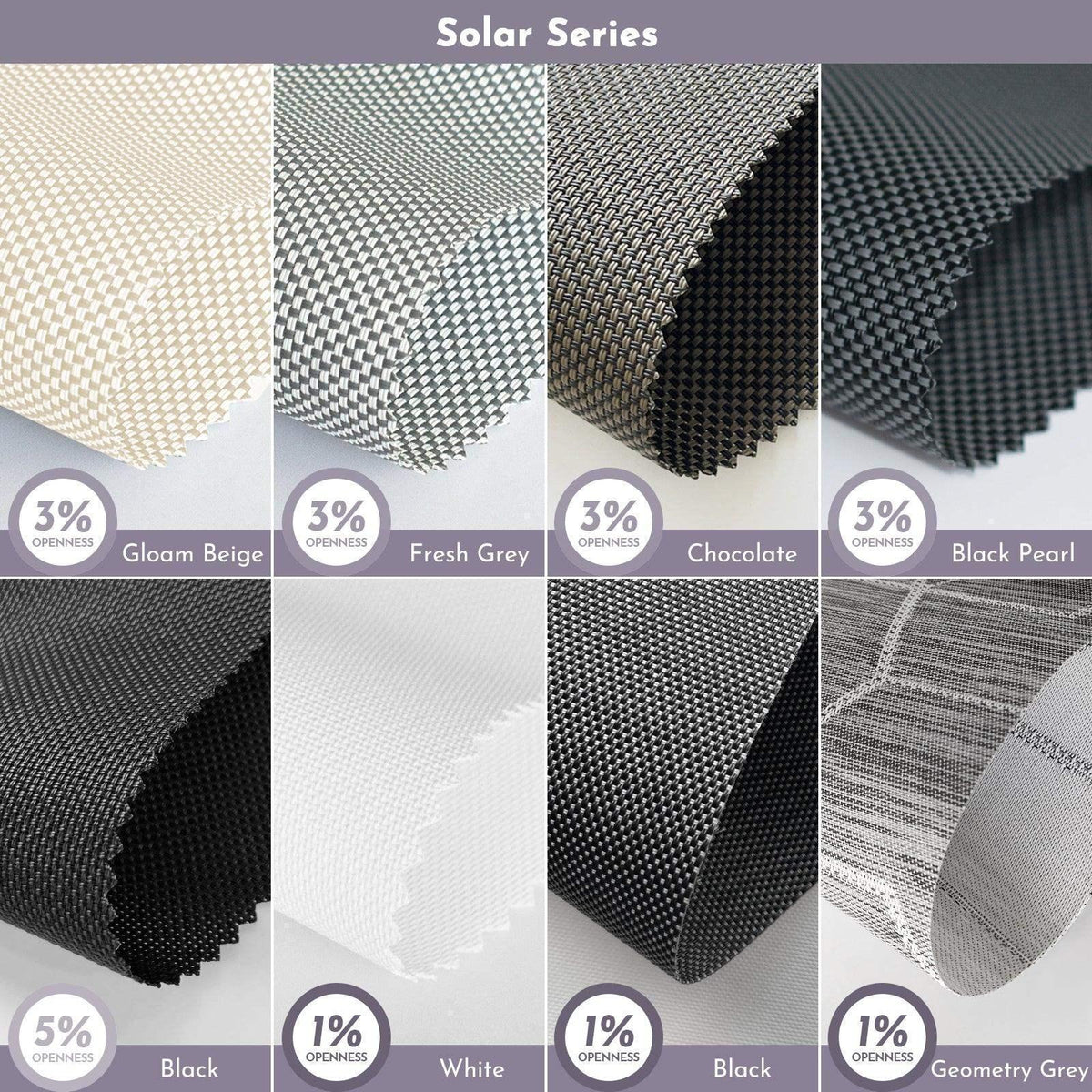 Solar Series fabric swatches in beige, grey, chocolate, black, and white for custom window shades.