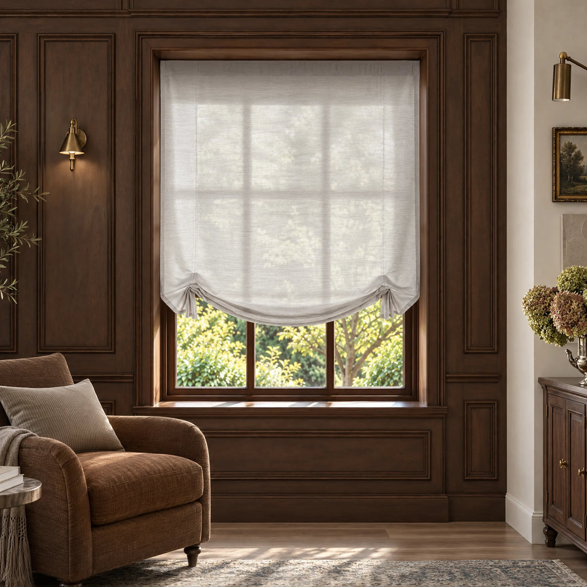 Swag Roman shade in Linear Wool White light-filtering fabric, partially raised on a wood-framed window.