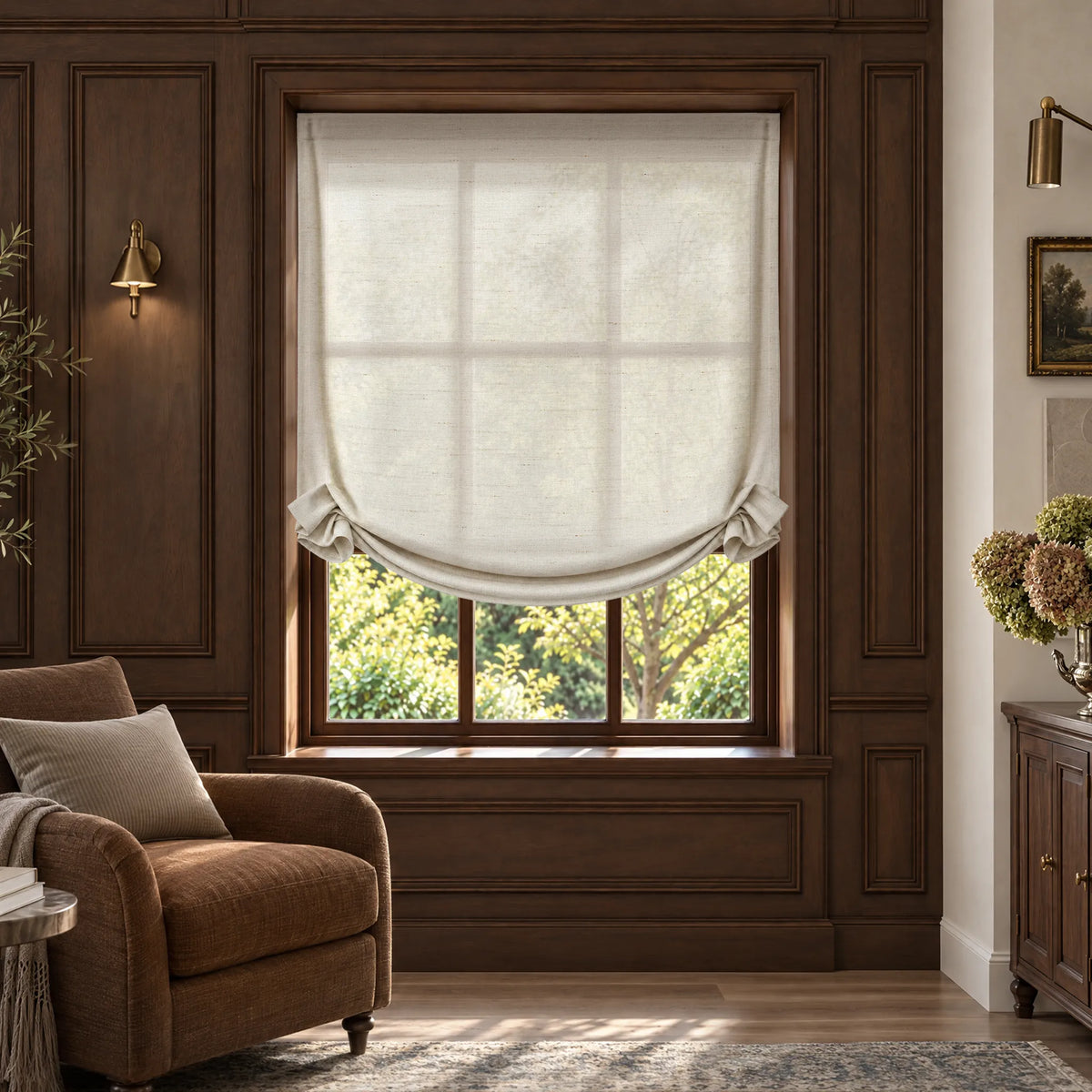 Swag Roman shade in Breeze White light-filtering fabric, partially raised on a wood-framed window.