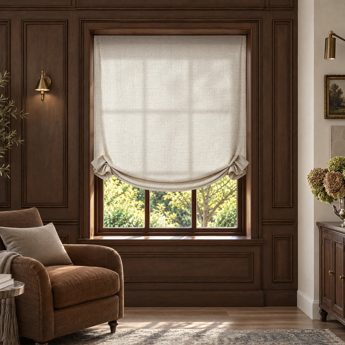 Swag Roman shade in Hush Beige light-filtering fabric, partially raised on a wood-framed window.