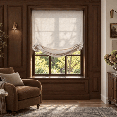 Animation showing a motorized swag Roman shade raising and lowering on a window.