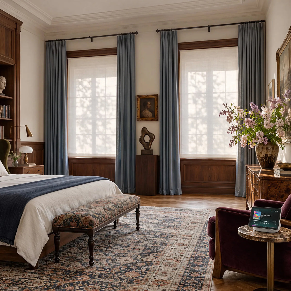 Swag Roman shades paired with curtains in a bedroom, with a smart display beside the bed.
