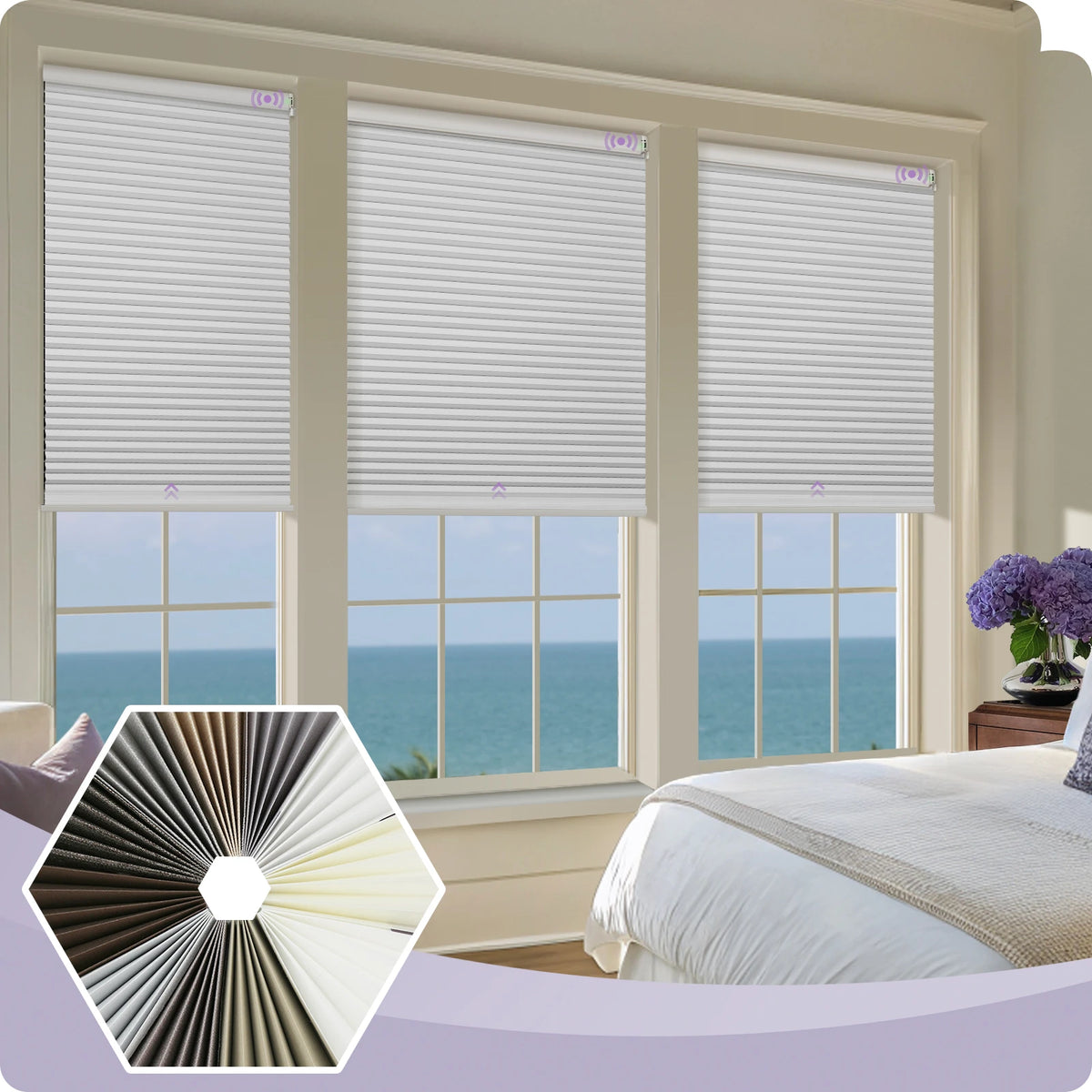 Window with white blinds overlooking an ocean view, with a close-up of a roller blind in the corner.