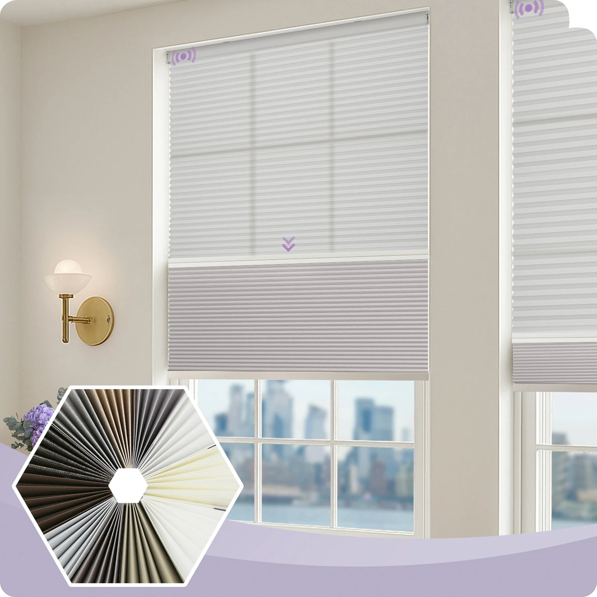 Window with white blinds and a cityscape view, with an inset showing the interior structure of the blinds.