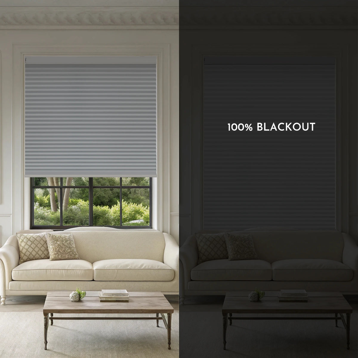 Living room with window blinds showing 100% blackout effect on a dark background.