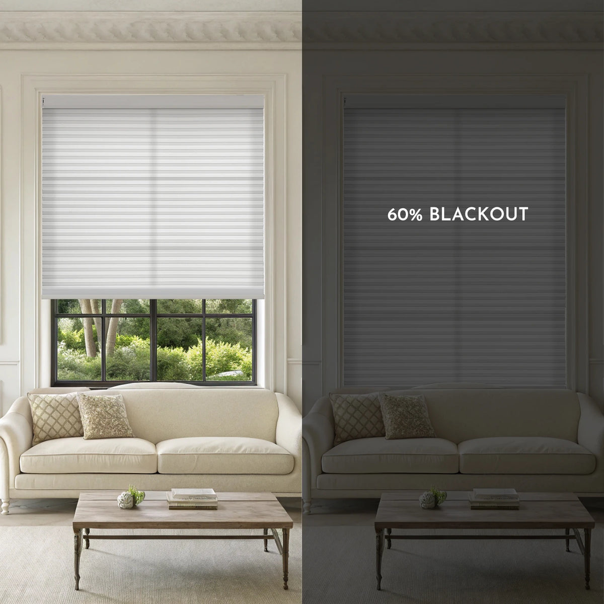 Living room with white blinds on a window and gray blinds labeled '60% Blackout' on a dark background.