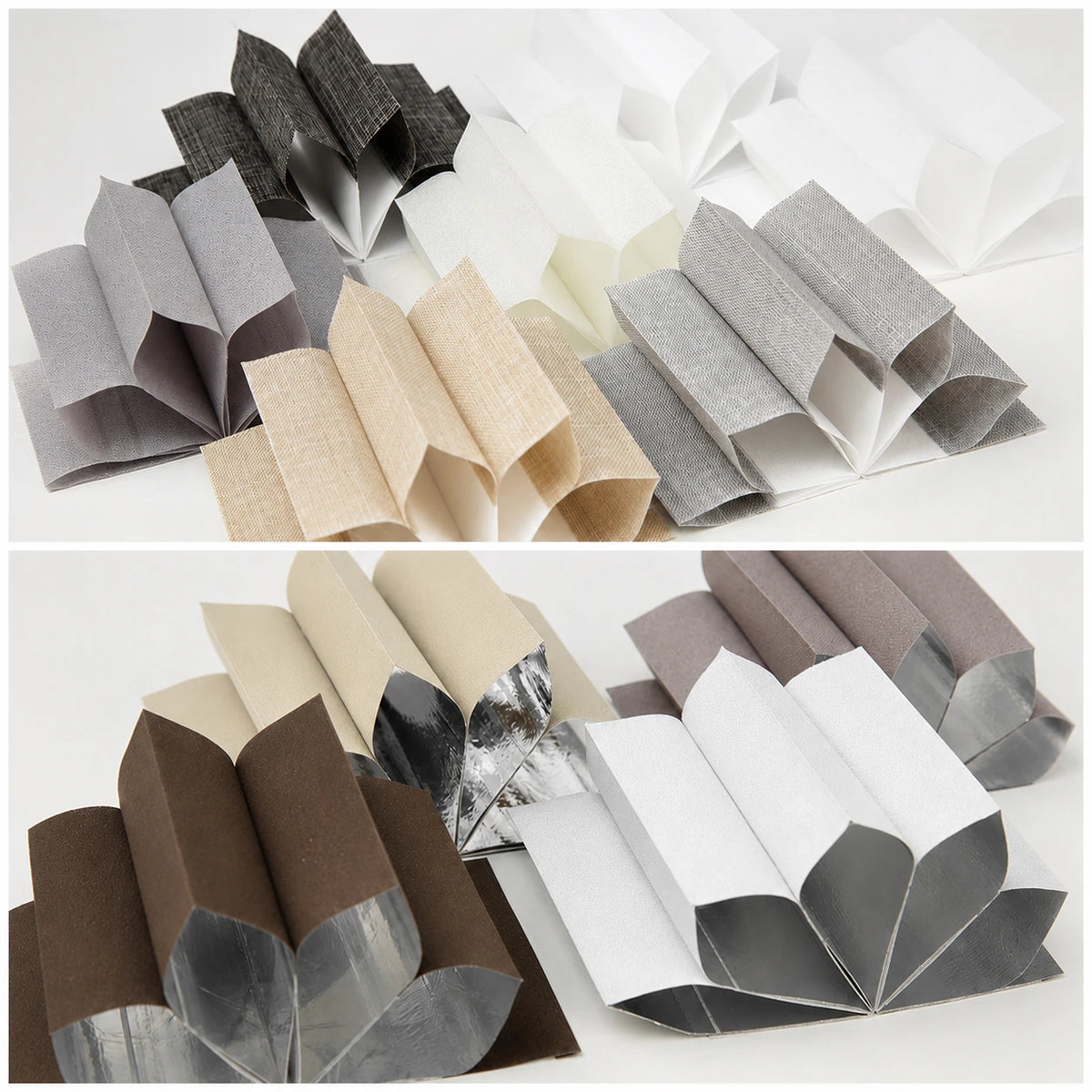 Collection of folded fabric swatches in various colors on a white background