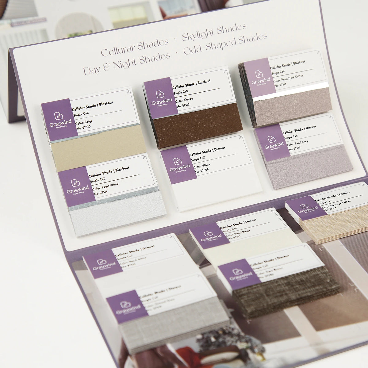 Color swatch book with fabric samples and color names