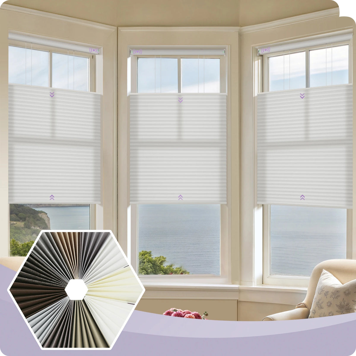 Window blinds with a close-up of a pleated blind in the corner.
