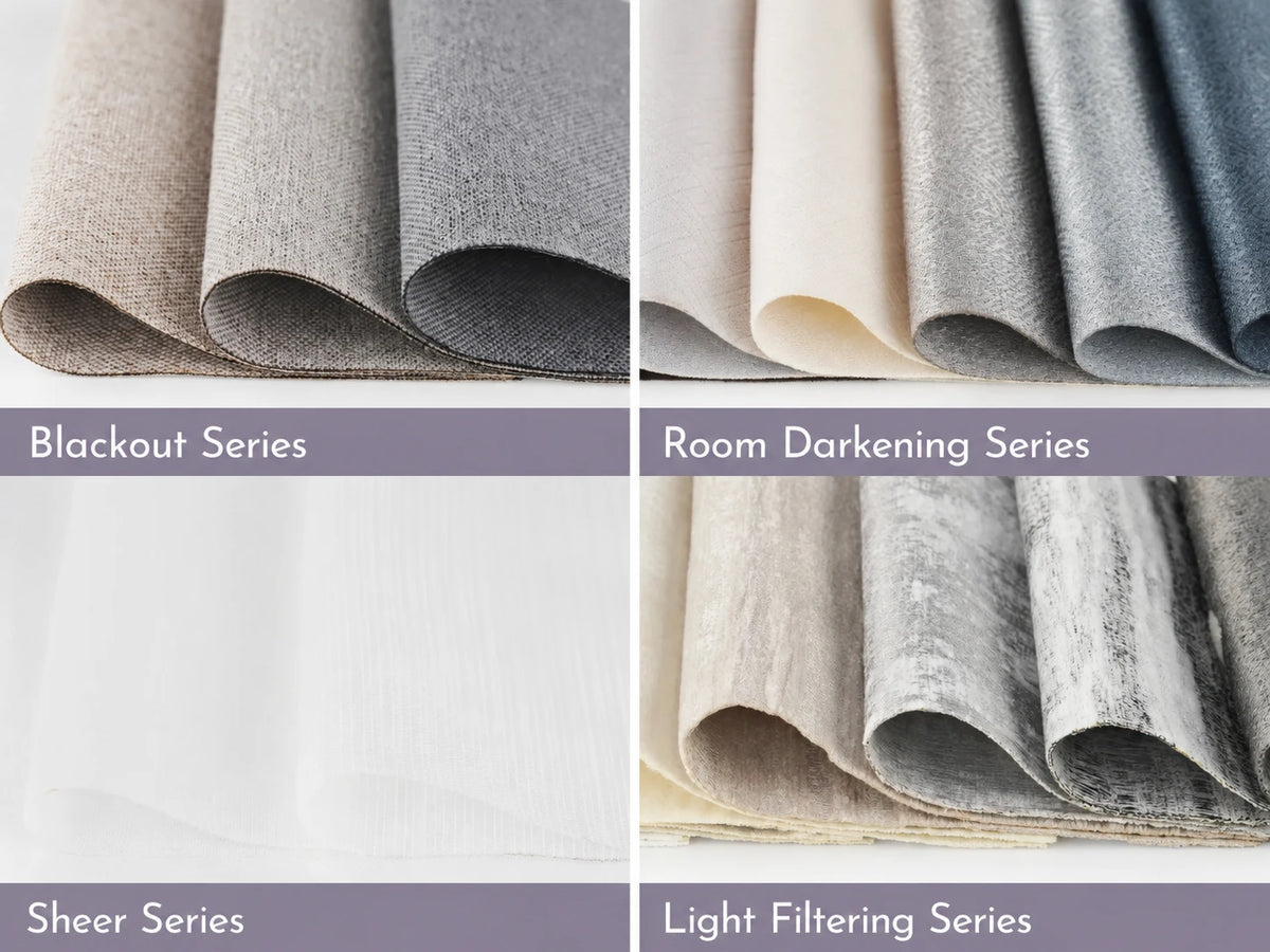 Fabric swatches from different series including Blackout, Room Darkening, Sheer, and Light Filtering on a white background.