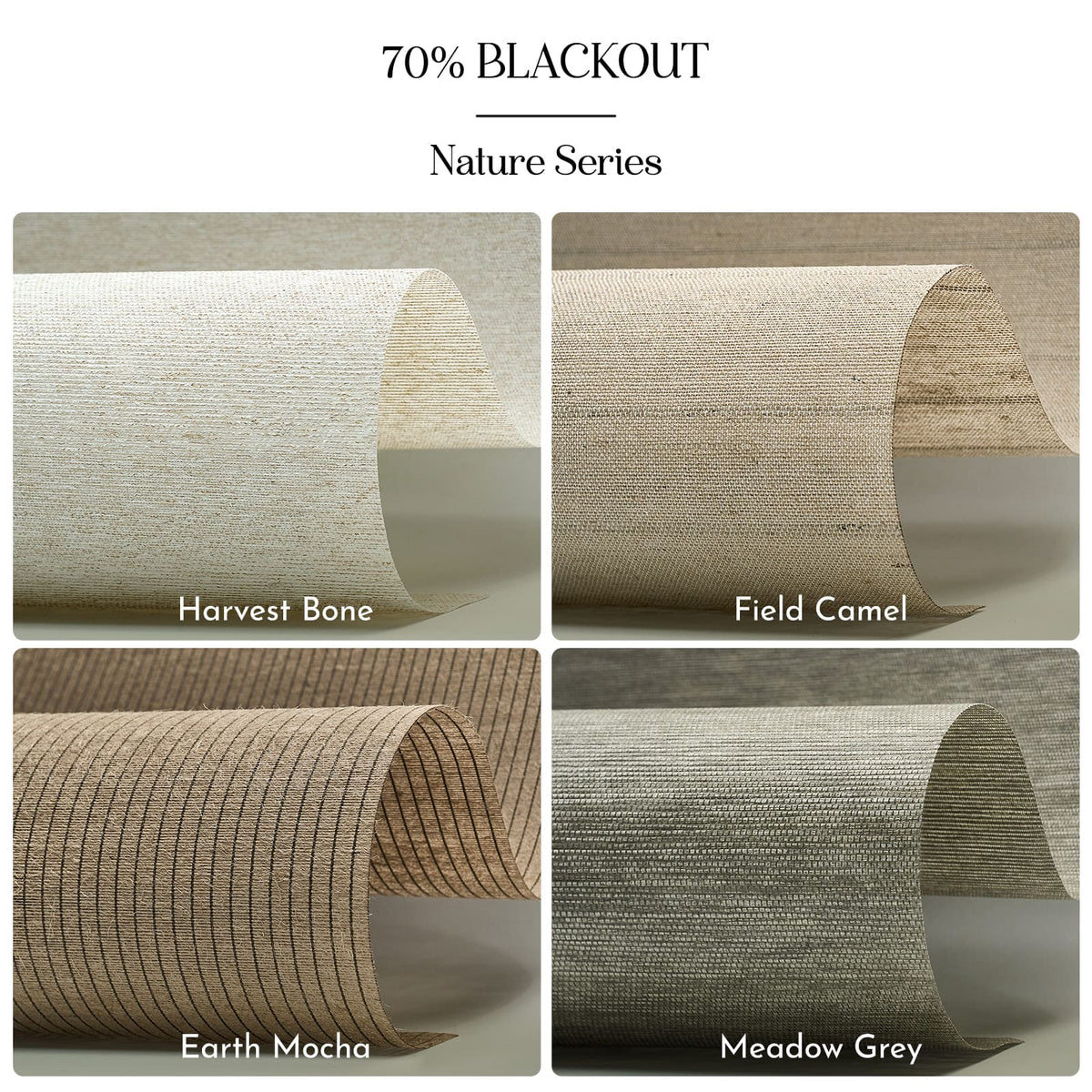 Four fabric swatches labeled 'Harvest Bone', 'Field Camel', 'Earth Mocha', and 'Meadow Grey' from a 70% blackout curtain collection.