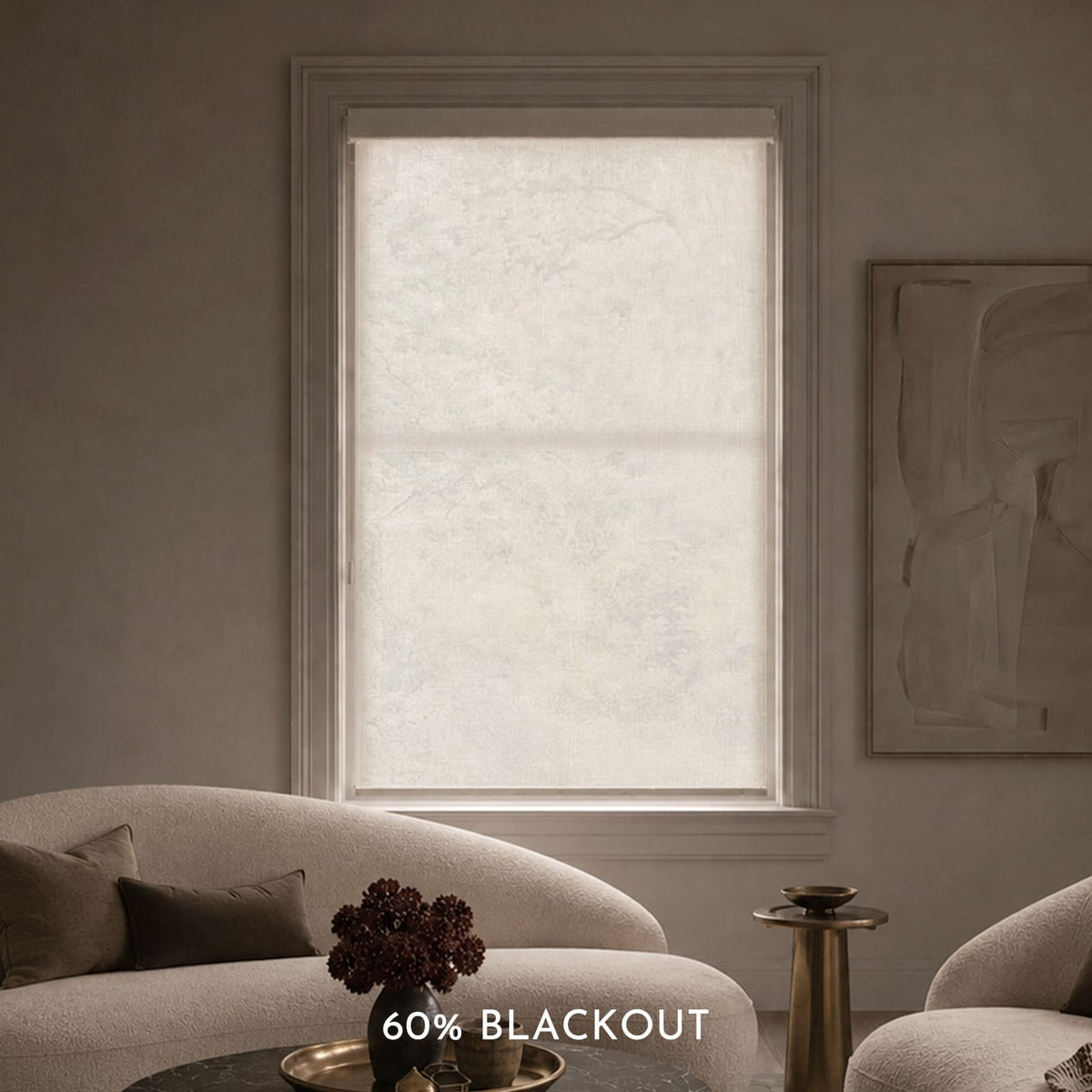 Living room with a window featuring a 60% blackout blind, gray walls, and a modern abstract painting.