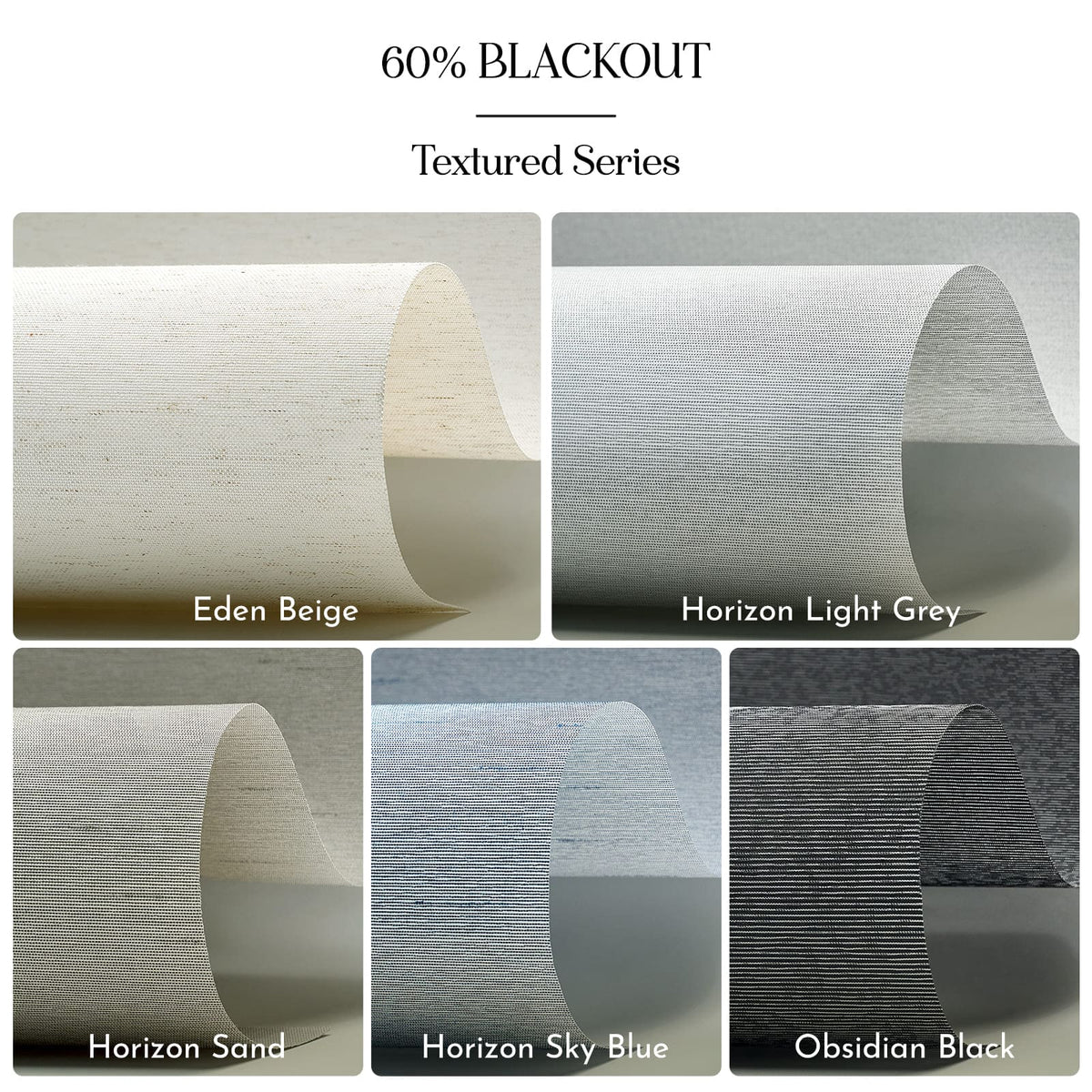 Textured window blind samples in different colors with labels.