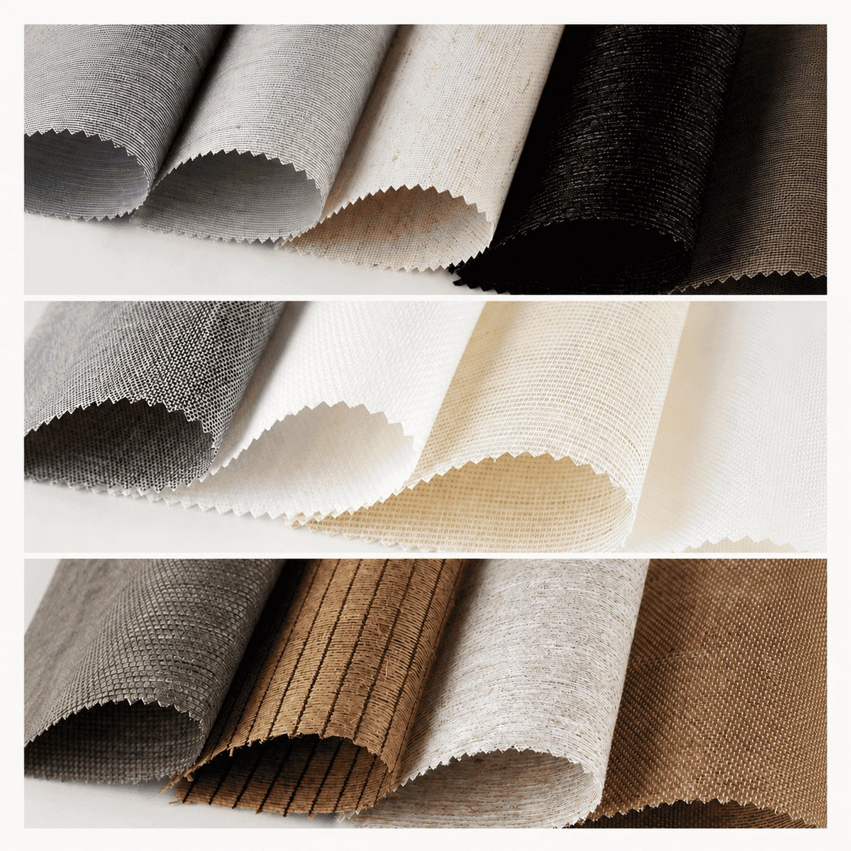 Collage of various fabric swatches in neutral colors.