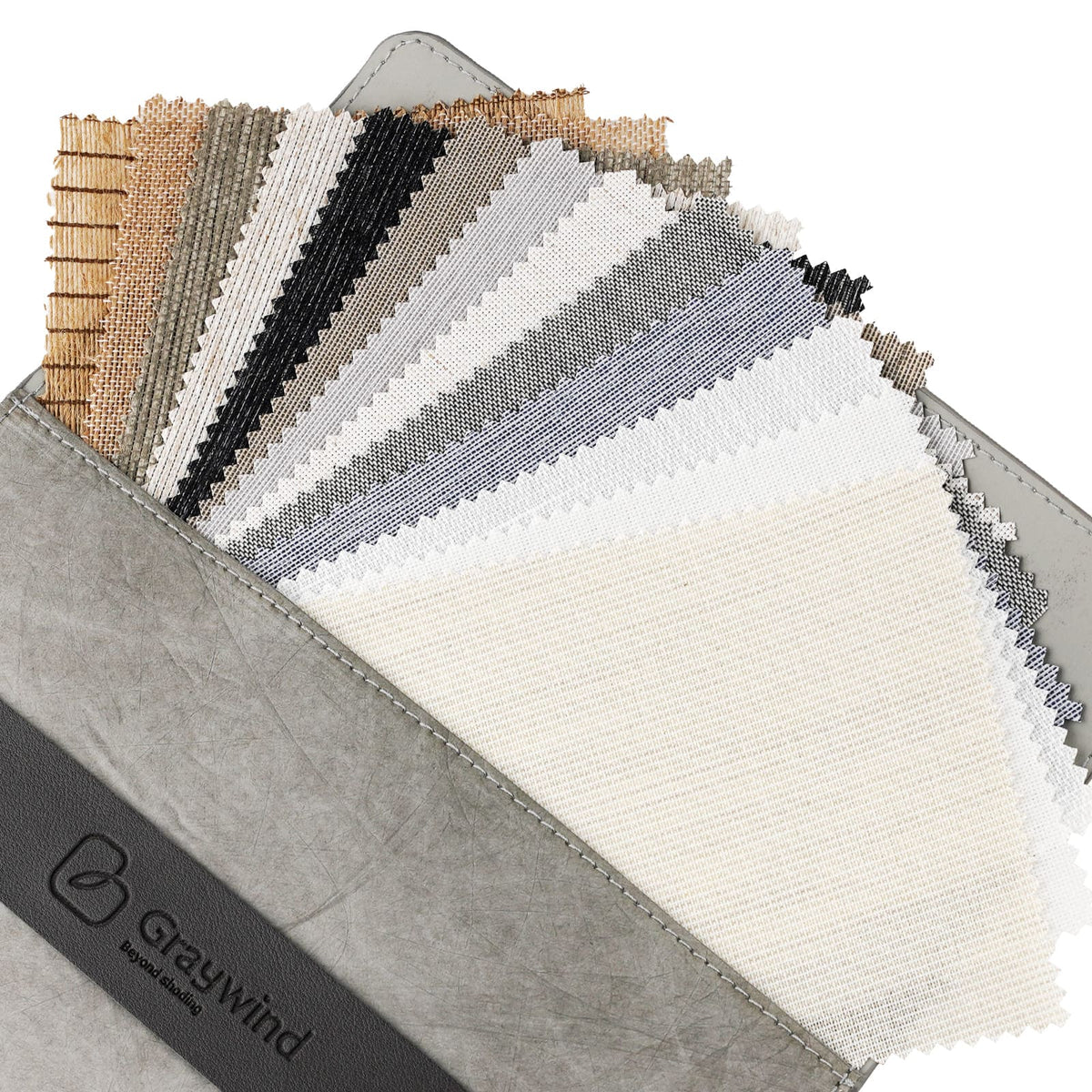Collection of fabric swatches in various textures and colors with a Graywind logo.