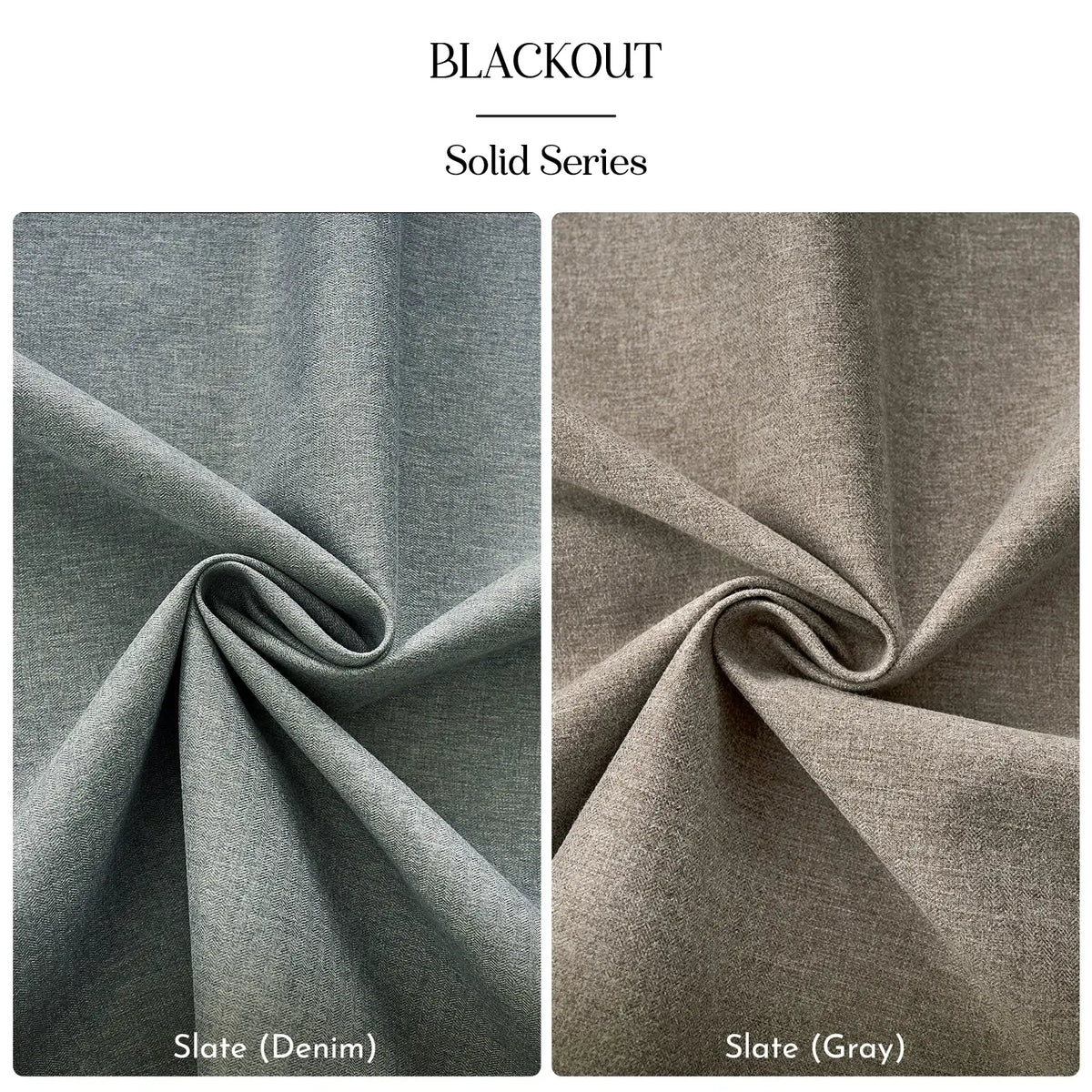 Two shades of gray fabric labeled 'Slate (Denim)' and 'Slate (Gray)' from the Blackout Solid Series.