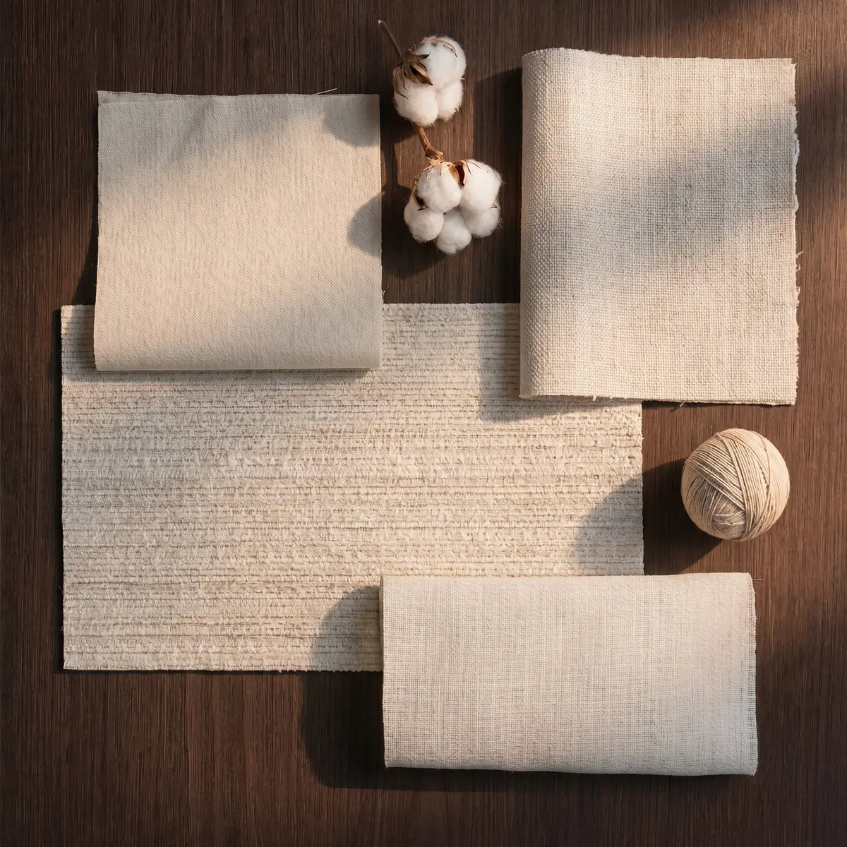 Textured fabric swatches on a wooden surface with cotton and yarn balls.
