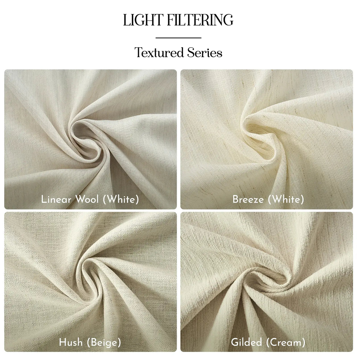 Textured fabric swatches labeled Linear Wool, Breeze, Hush, and Gilded on a white background.