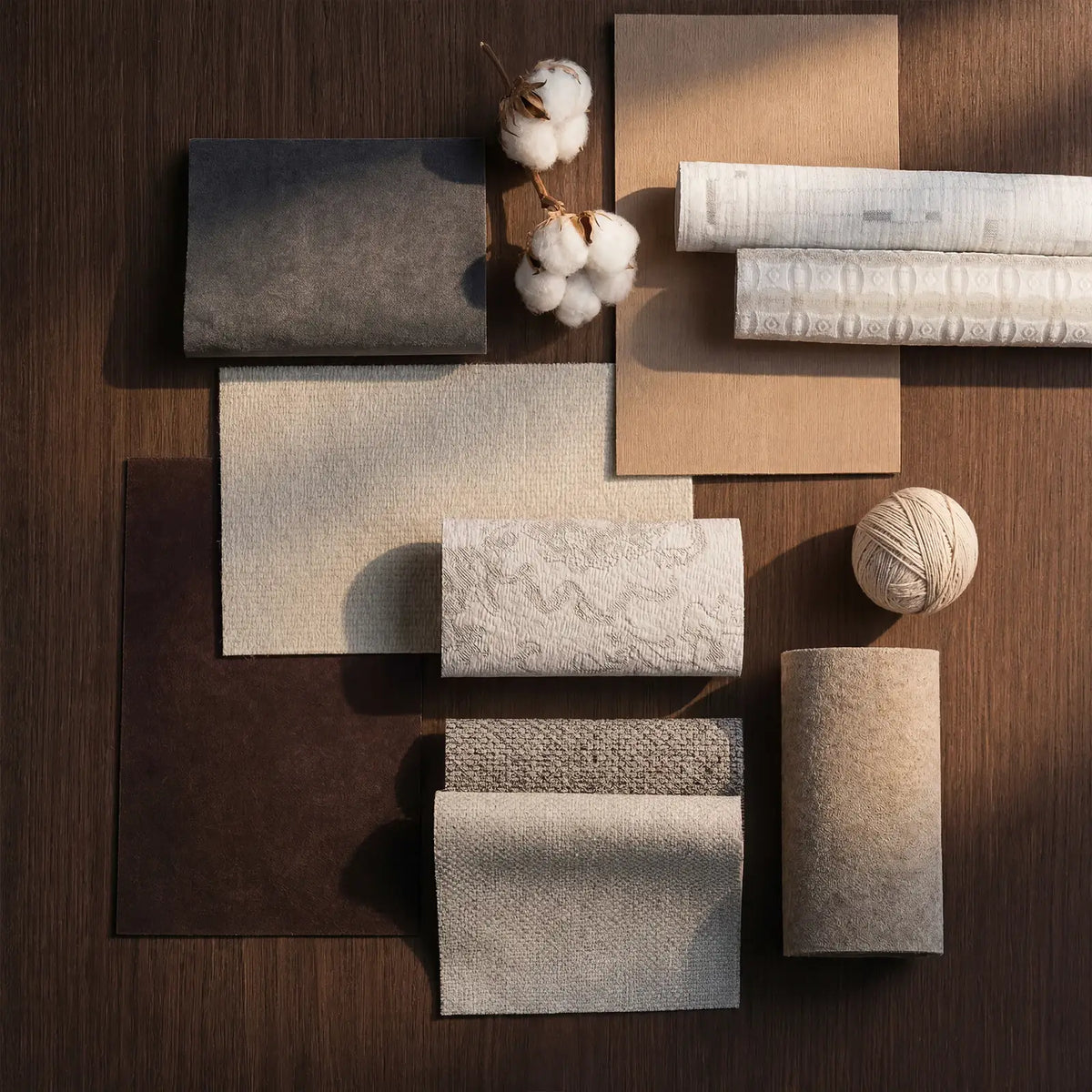 Collection of fabric swatches in neutral colors on a wooden surface.