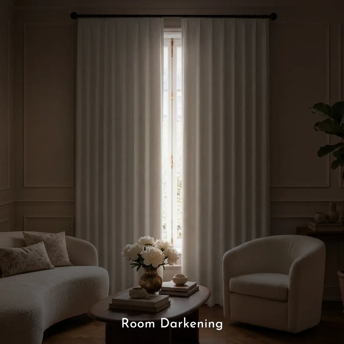 Living room with light-colored furniture and a window with white curtains, labeled 'Room Darkening'.