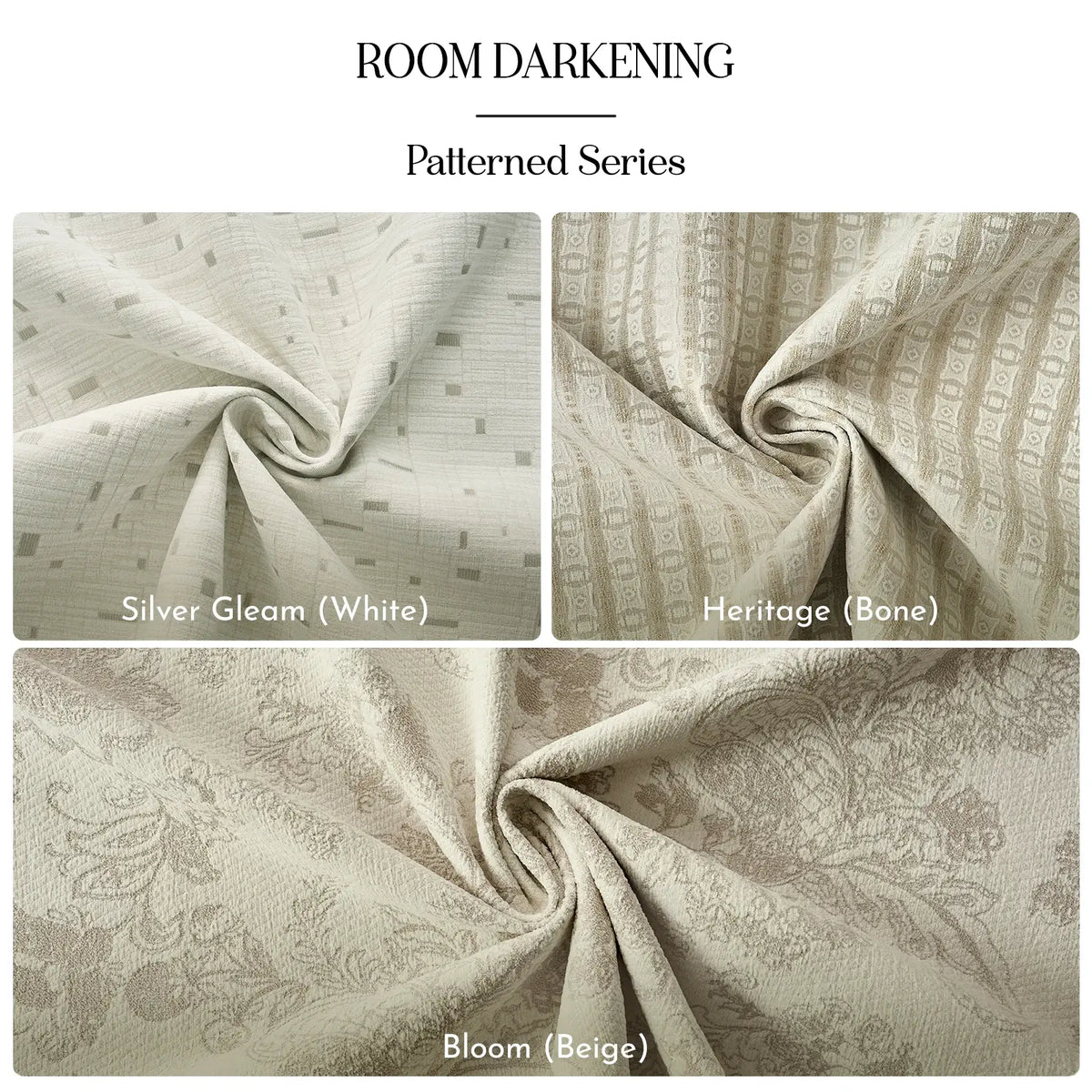 Three fabric swatches labeled 'Silver Gleam (White)', 'Heritage (Bone)', and 'Bloom (Beige)' from a 90% blackout patterned series.