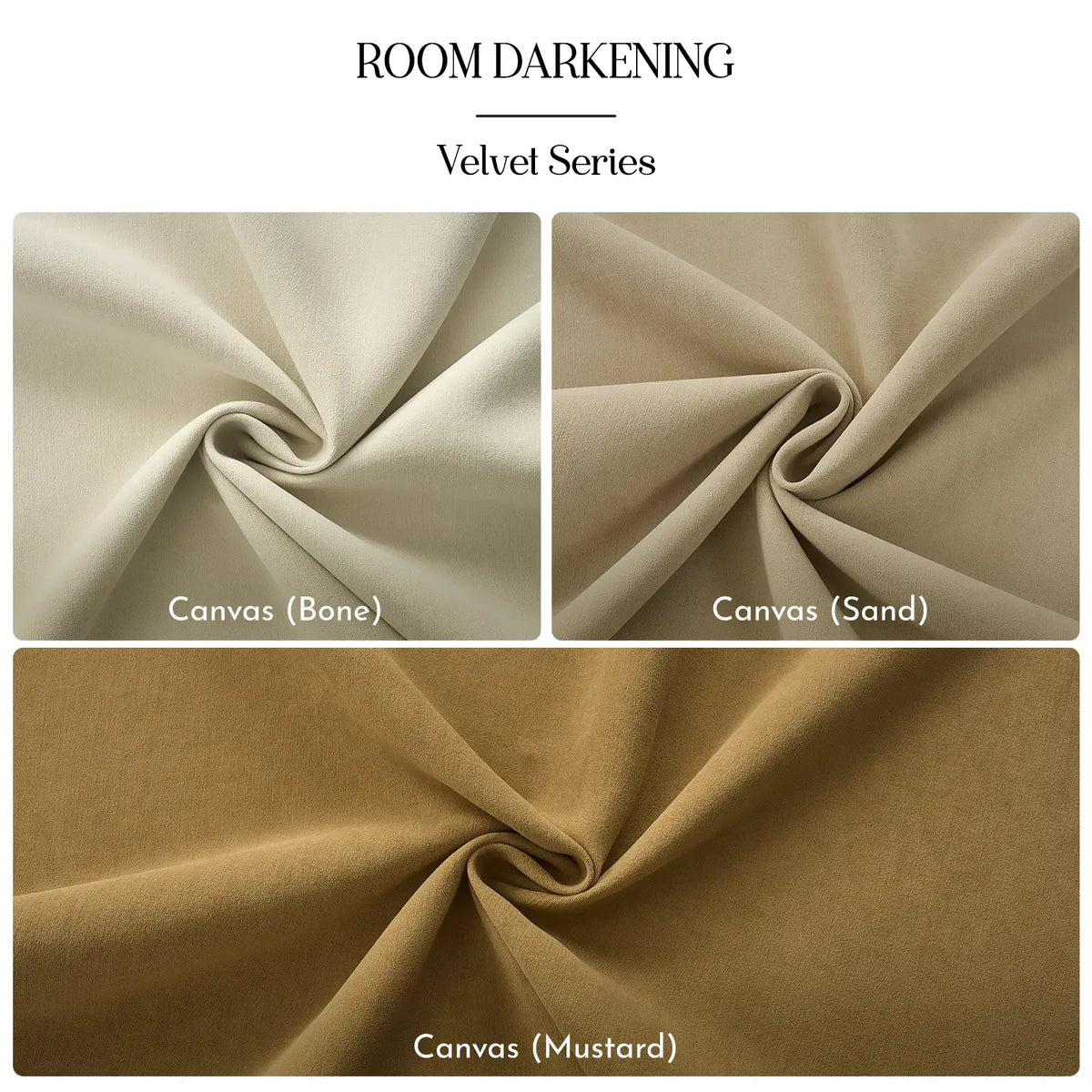 Three fabric swatches labeled 'Canvas (Bone)', 'Canvas (Sand)', and 'Canvas (Mustard)' under the 'Room Darkening Velvet Series' heading.